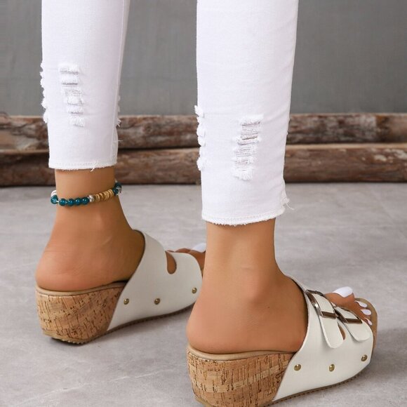 White Women's Casual Double Buckle Platform Wedge Sandals - Picture 5 of 5